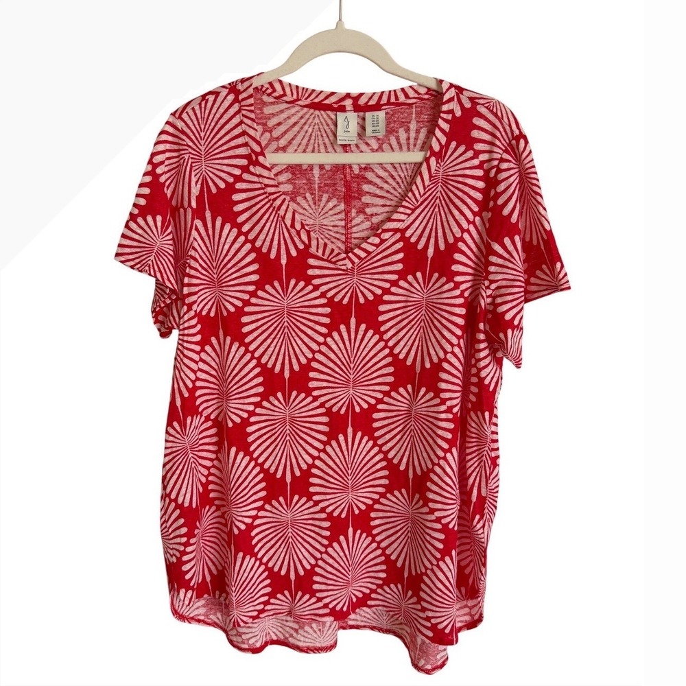 Joie Womens 1X Red White Palm Leaf Fan Print 100% Linen V-Neck T-Shirt Top